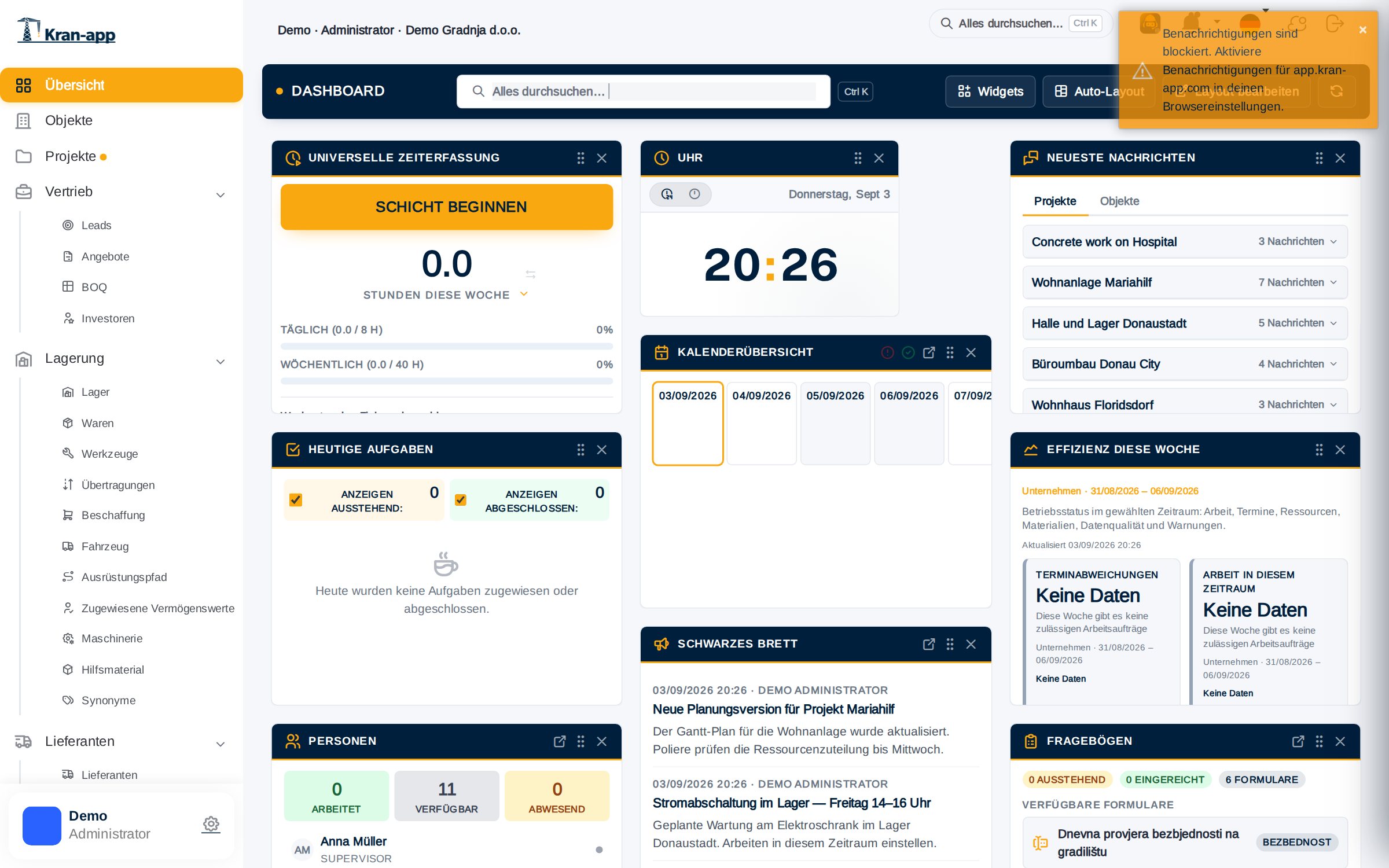 Echtes Kran-App Dashboard