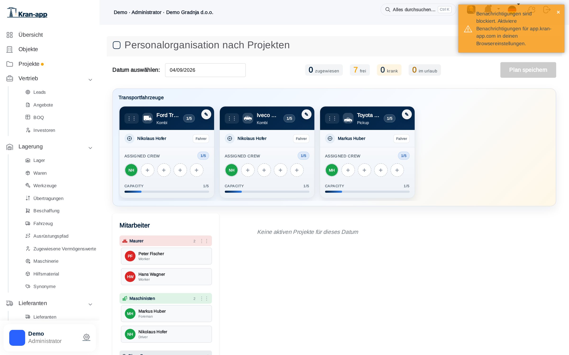Organisation von Personen und Fahrzeugen je Projekt